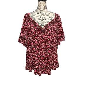 Old Navy Women TOP 3X Boho Burgandy Pink Floral Crocheted V-Neck Flowy